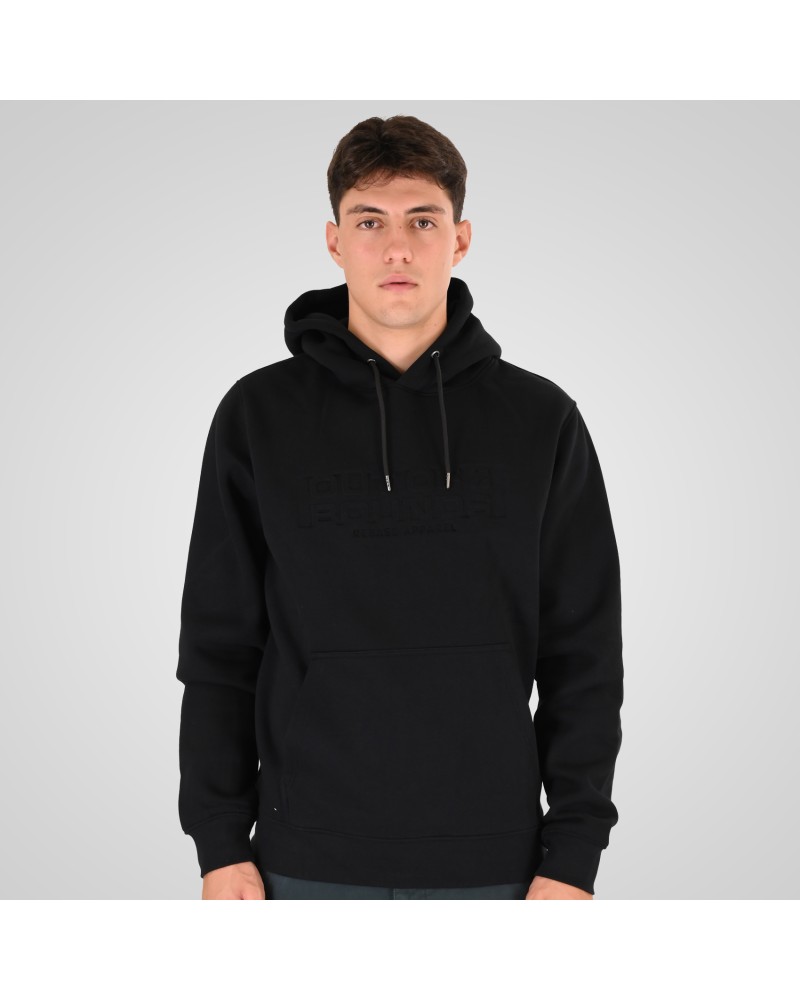 REBASE 262RTOP-1103 BLACK HOODIE WITH PRESSED-EMBOSSED PRINT (BRUSHED FLEECE)