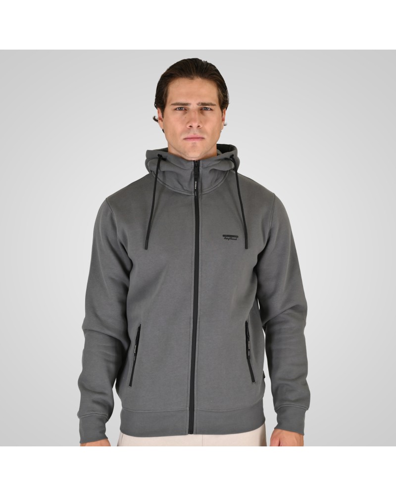 REBASE 262.RTOP-1124 CLOUDY GREY HOODIE FULL-ZIP WITH HIGH DENSITY PRINT AND ZIPPER POCKETS (BRUSHED FLEECE)