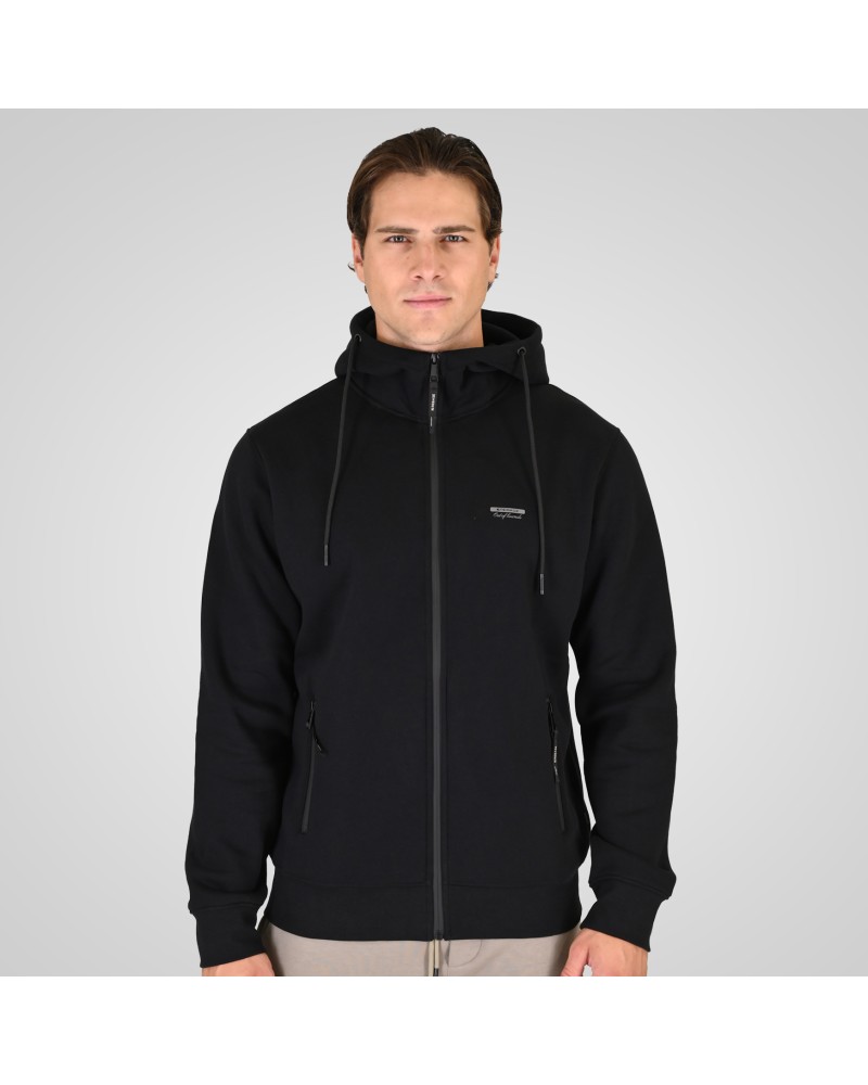 REBASE 262.RTOP-1124 BLACK HOODIE FULL-ZIP WITH HIGH DENSITY PRINT AND ZIPPER POCKETS (BRUSHED FLEECE)